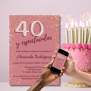 Elegant Rose Gold Glitter 40th Birthday Spanish Invitation
