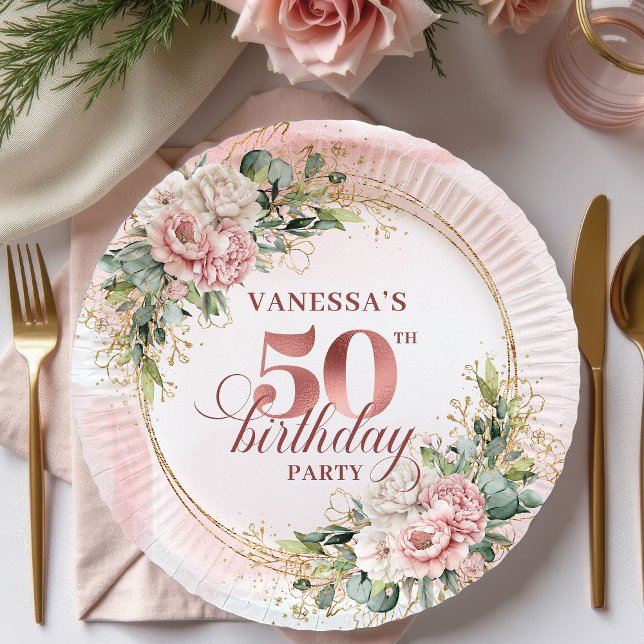 Elegant Rose Gold Glitter 50th Birthday Floral   Paper Plate (Elegant Rose Gold Glitter 50th Birthday Floral Party Paper Plates

)