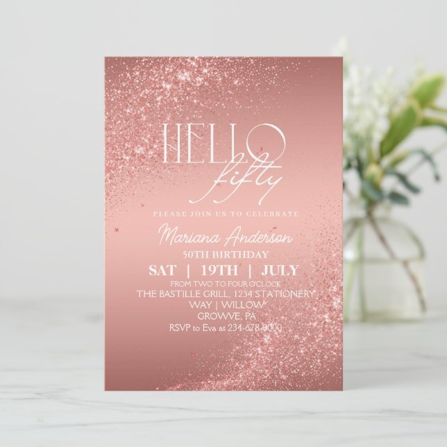 Elegant Rose Gold Glitter 50th Birthday Invita Invitation (Standing Front)