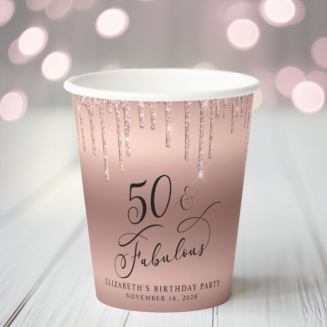 Elegant Rose Gold Glitter 50th Birthday Party Paper Cups (Creator Uploaded)