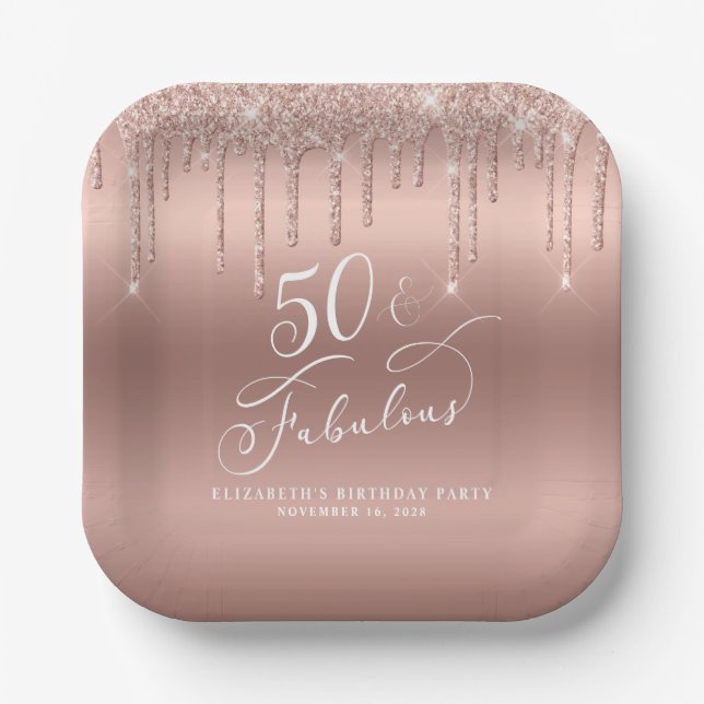 Elegant Rose Gold Glitter 50th Birthday Party Paper Plate (Front)