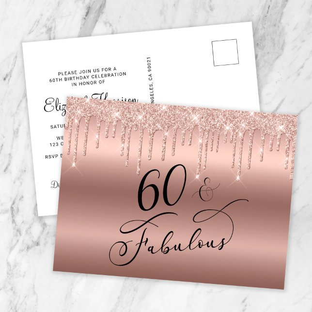 Elegant Rose Gold Glitter 60th Birthday Party Invitation Postcard (Creator Uploaded)