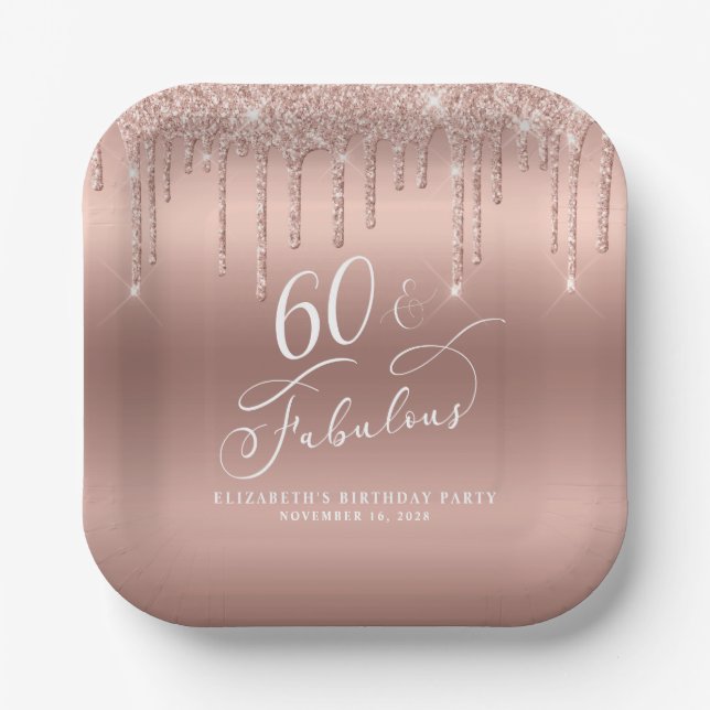 Elegant Rose Gold Glitter 60th Birthday Party Paper Plate (Front)