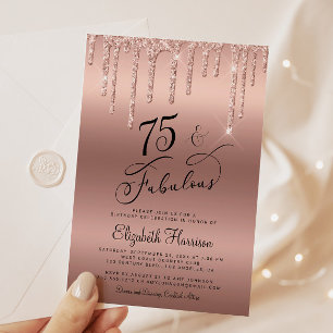  Elegant Rose Gold Glitter 75th Birthday Party Invitation