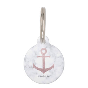elegant rose gold glitter anchor white marble pet tag