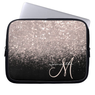 Elegant Rose Gold Glitter and Black Monogrammed Laptop Sleeve