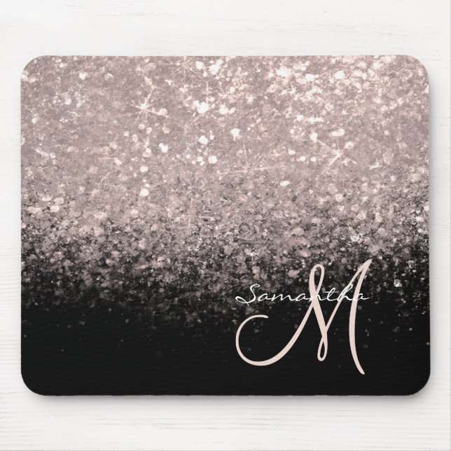 Elegant Rose Gold Glitter and Black Monogrammed Mouse Pad (Front)