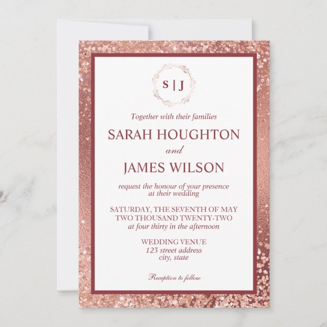 Elegant Rose Gold Glitter and Burgundy Wedding Invitation (Front)