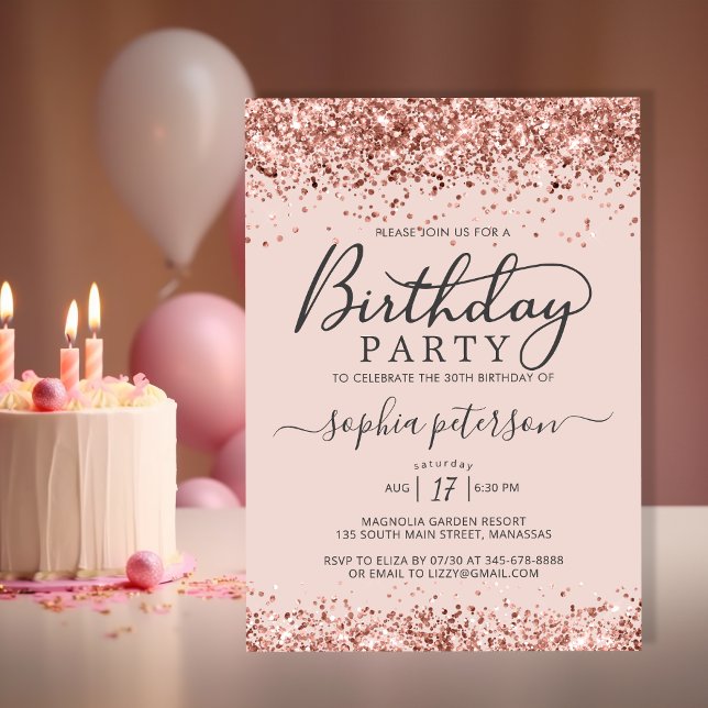 Elegant Rose Gold Glitter Any Age Blush Birthday Invitation (Creator Uploaded)