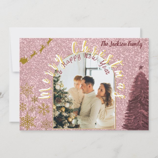 Elegant Rose Gold Glitter Arch Photo Holiday Card (Front)