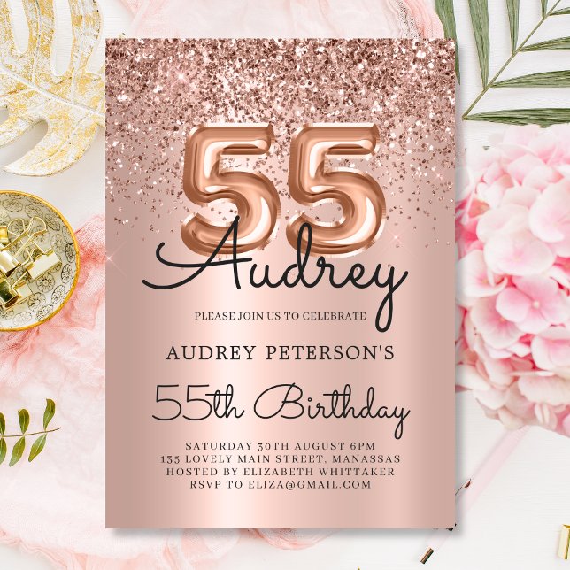 Elegant Rose Gold Glitter Balloon 55th Birthday  Invitation (Creator Uploaded)