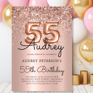 Elegant Rose Gold Glitter Balloon 55th Birthday  Invitation