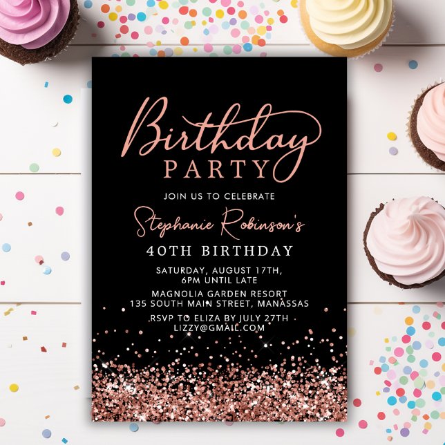 Elegant Rose Gold Glitter Black 40 th Birthday Invitation (Creator Uploaded)