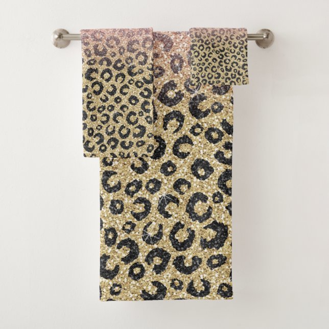 Elegant Rose Gold Glitter Black Leopard Print Bath Towel Set (Insitu)
