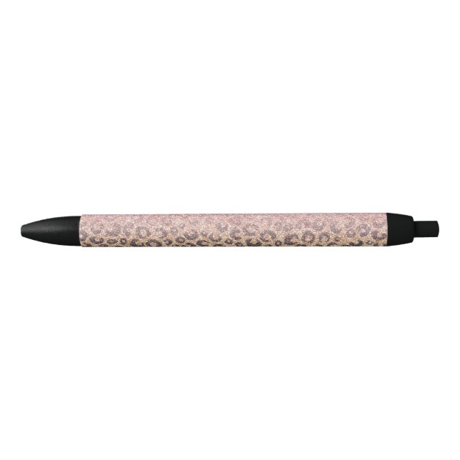 Elegant Rose Gold Glitter Black Leopard Print Black Ink Pen (Front)
