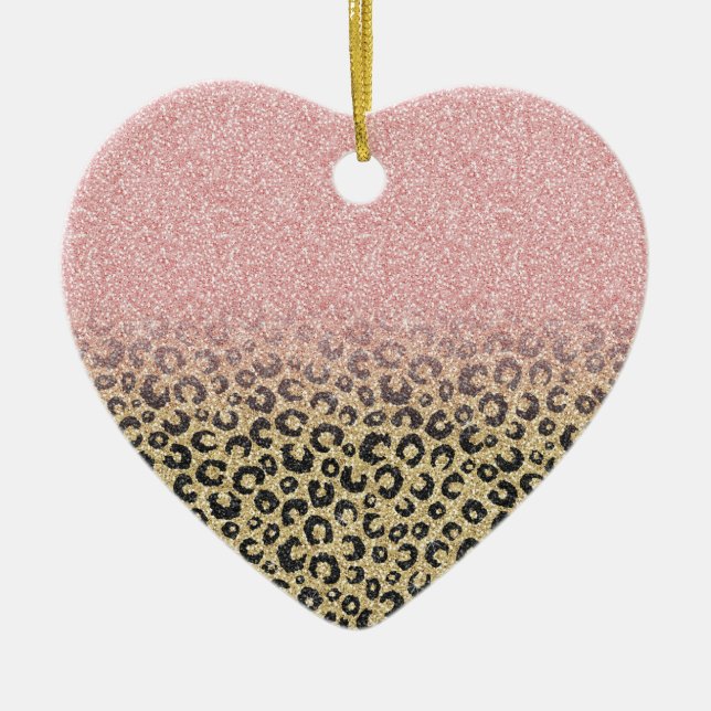 Elegant Rose Gold Glitter Black Leopard Print Ceramic Ornament (Front)