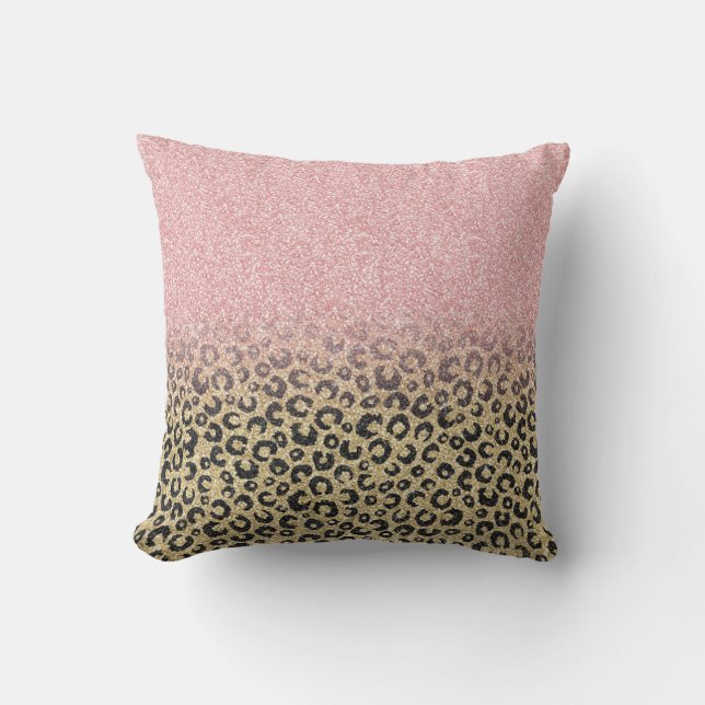 Elegant Rose Gold Glitter Black Leopard Print Cushion (Front)