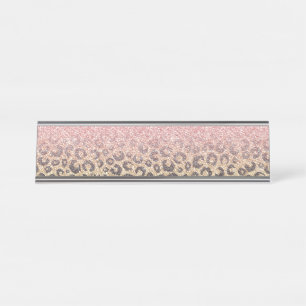 Elegant Rose Gold Glitter Black Leopard Print Desk Name Plate