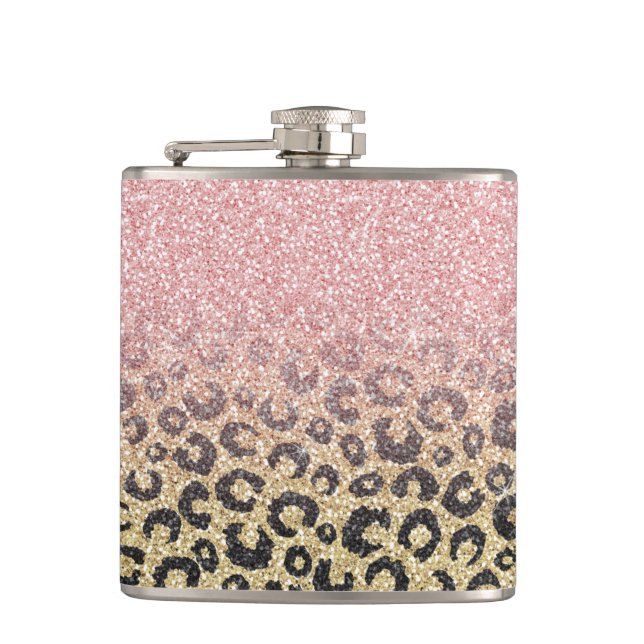 Elegant Rose Gold Glitter Black Leopard Print Hip Flask (Front)