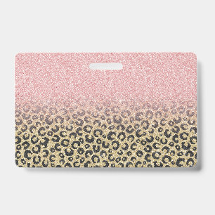 Elegant Rose Gold Glitter Black Leopard Print ID Badge