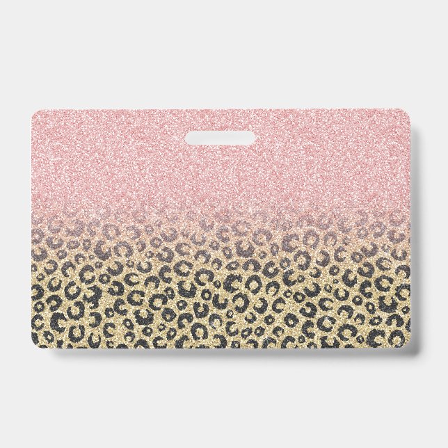 Elegant Rose Gold Glitter Black Leopard Print ID Badge (Front)