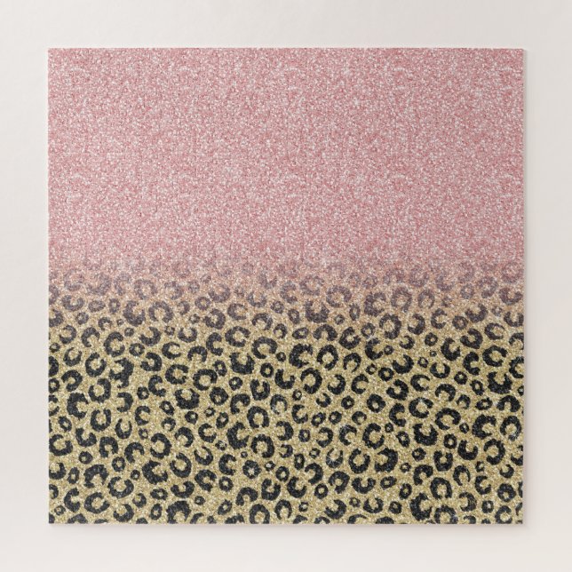 Elegant Rose Gold Glitter Black Leopard Print Jigsaw Puzzle (Vertical)