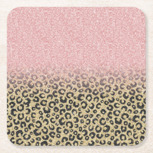 Elegant Rose Gold Glitter Black Leopard Print Square Paper Coaster