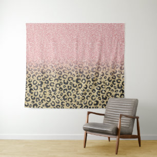 Elegant Rose Gold Glitter Black Leopard Print Tapestry