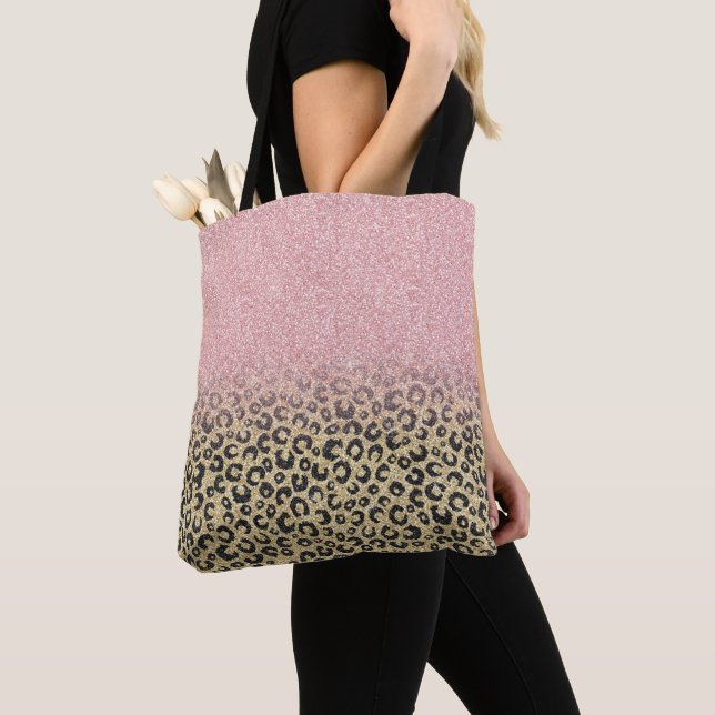 Elegant Rose Gold Glitter Black Leopard Print Tote Bag (Close Up)