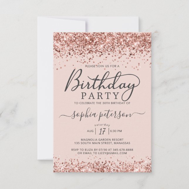 Elegant Rose Gold Glitter Blush Any Age Birthday Invitation (Front)