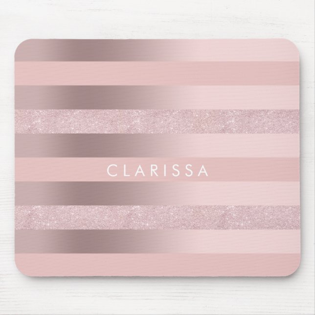 Elegant rose gold glitter & blush pink stripe mouse pad (Front)