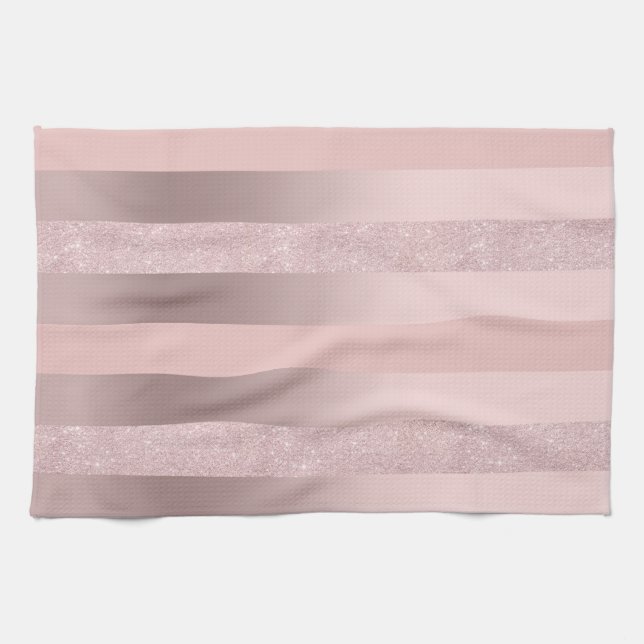 Elegant rose gold glitter & blush pink stripe tea towel (Horizontal)