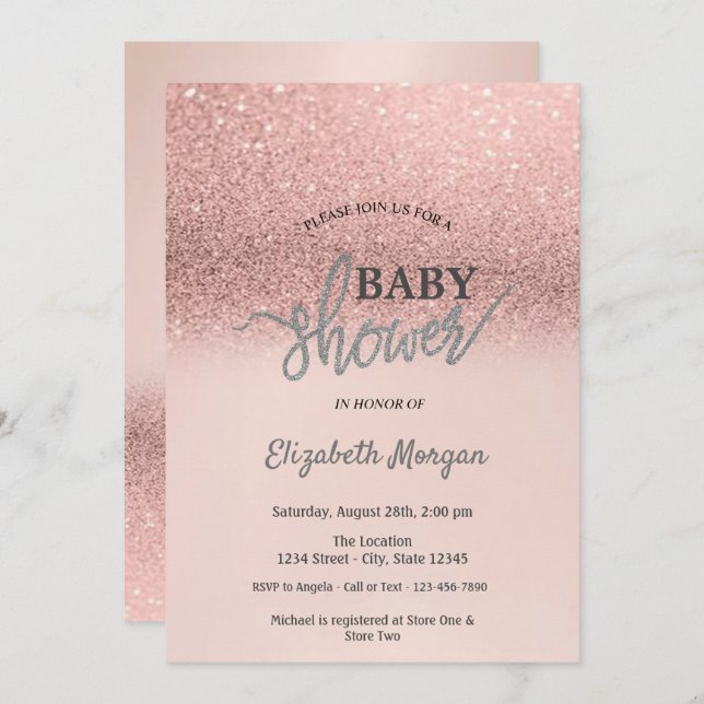Elegant Rose Gold Glitter Bokeh Baby Shower Invitation (Front/Back)