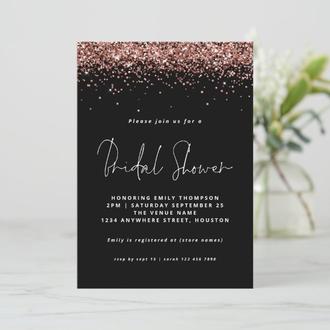 Elegant Rose Gold Glitter Bridal Shower Black Invitation (Standing Front)