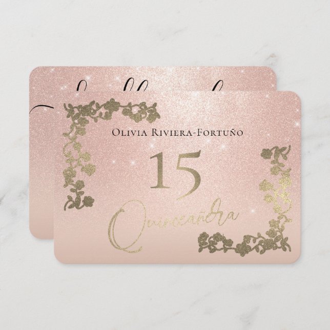 Elegant Rose Gold Glitter Chic Floral Quinceanera  RSVP Card (Front/Back)
