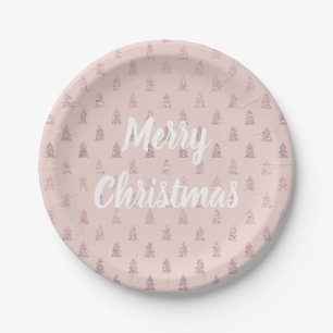 Elegant Rose Gold Glitter Christmas Tree Pattern Paper Plate