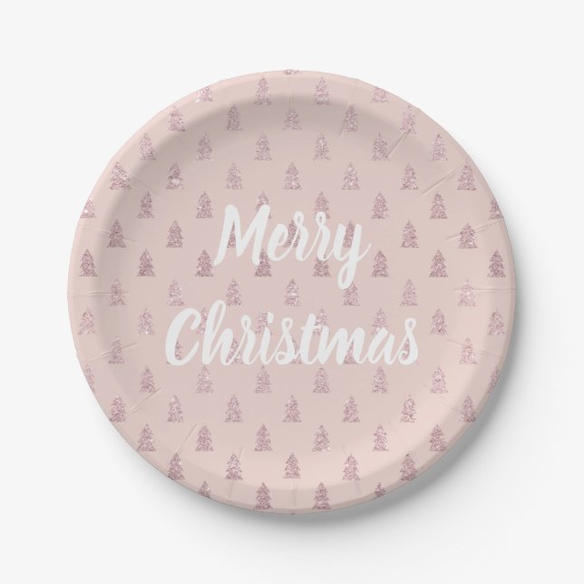 Elegant Rose Gold Glitter Christmas Tree Pattern Paper Plate (Front)