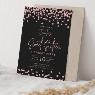Elegant Rose Gold Glitter Confetti Sweet 16 Black  Invitation
