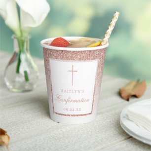 Elegant Rose Gold Glitter Confirmation Or Baptism Paper Cups