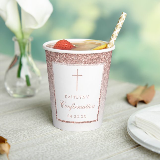 Elegant Rose Gold Glitter Confirmation Or Baptism Paper Cups (Insitu)