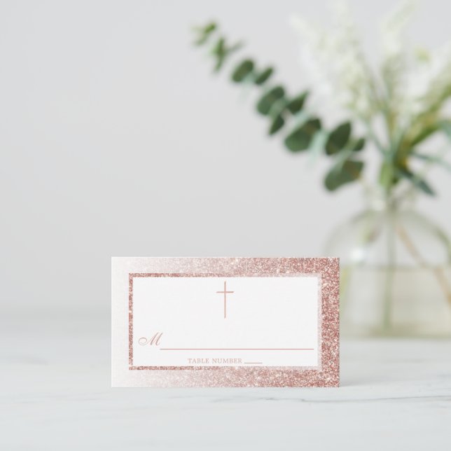 Elegant Rose Gold Glitter Confirmation Or Baptism Place Card (Standing Front)