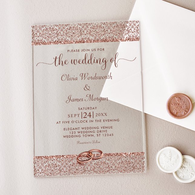 Elegant Rose Gold Glitter Damask Wedding Acrylic Invitations (Creator Uploaded)