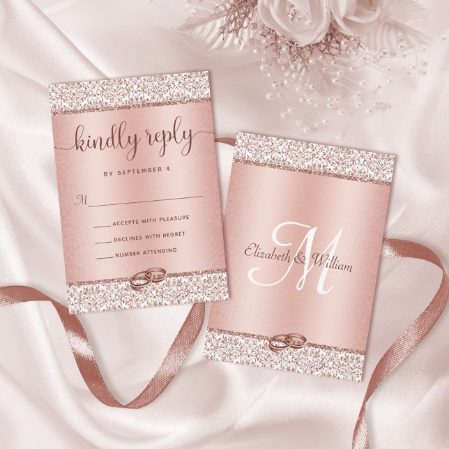 Elegant Rose Gold Glitter Damask Wedding RSVP (Creator Uploaded)