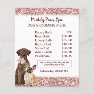 Elegant Rose Gold Glitter Dog Grooming Menu 