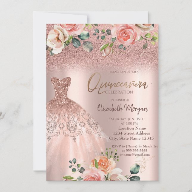 Elegant Rose Gold Glitter Dress Roses Quinceañera Invitation (Front)