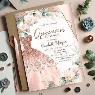 Elegant Rose Gold Glitter Dress Roses Quinceañera Invitation