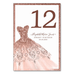 Elegant Rose Gold Glitter Dress Sweet 16 Birthday Table Number