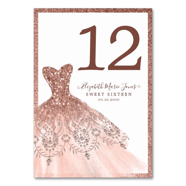 Elegant Rose Gold Glitter Dress Sweet 16 Birthday Table Number (Front)