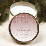 Elegant Rose Gold Glitter Drip 80th Birthday Party Classic Round Sticker<br><div class="desc">These chic,  elegant 80th birthday party stickers feature a sparkly rose gold faux glitter drip border and rose gold ombre background. Personalise them with the guest of honour's name in dark rose handwriting script,  with her birthday and date below in sans serif font.</div>