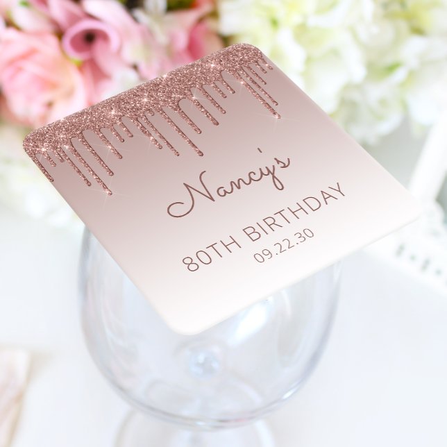 Elegant Rose Gold Glitter Drip 80th Birthday Party Square Paper Coaster (Creator Uploaded)
